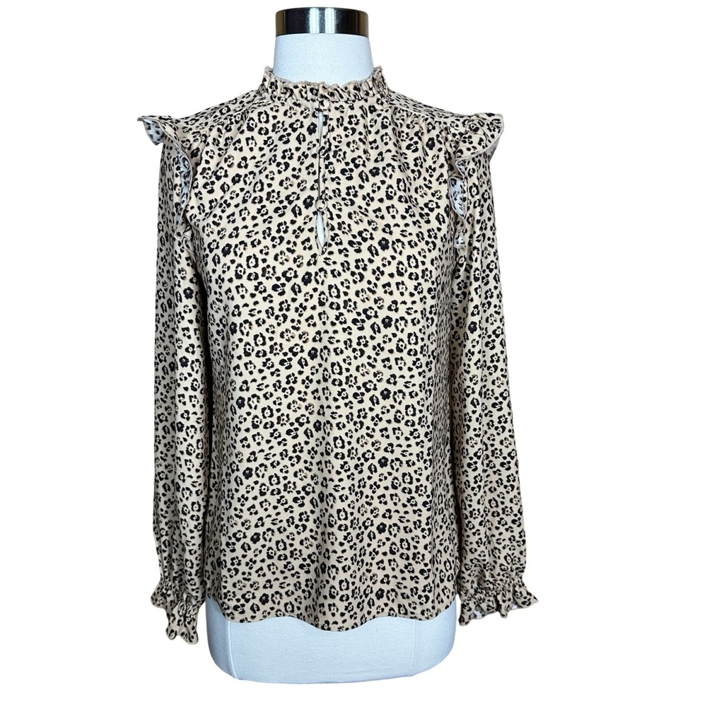 Rachel Parcell Leopard Print Ruffled Shoulder Triple Keyhole Neckline Blouse Top